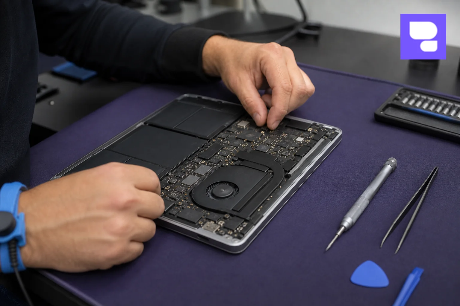 A technician inspecting the internal logic board and cooling fan of an opened MacBook. photorealistic photograph of a skilled repair technician's hands carefully inspecting the open internals of a MacBook laptop on an anti-static mat, logic