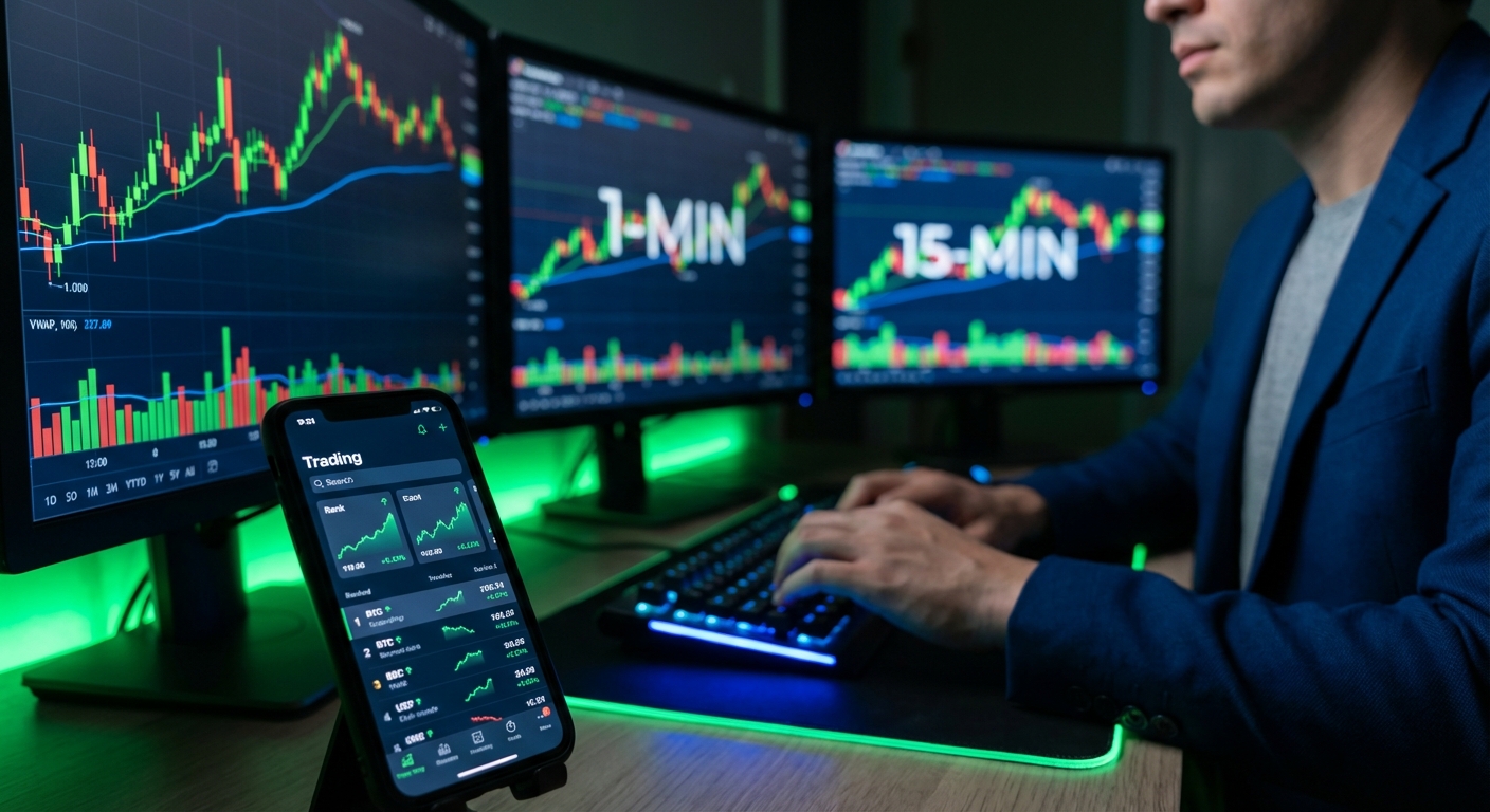 Day trader using real-time backtested stock screener on mobile device to catch momentum opportunities