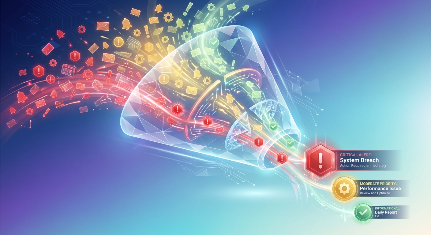 Alert filtering system showing prioritization from many notifications to filtered high-quality alerts