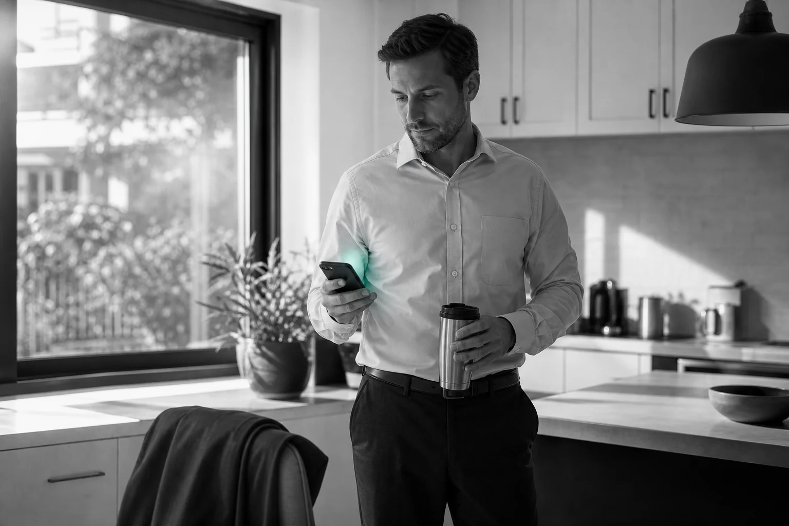 A commuter or early riser checking a phone alert briefly before heading to work, illustrating the quick premarket check. Photorealistic photo of a person in business casual attire standing in a bright kitchen early in the morning, glancing