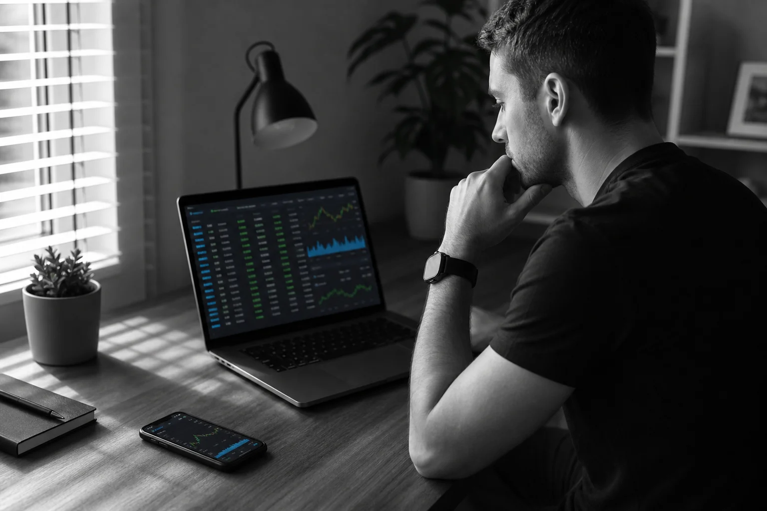 Photorealistic photo of a person sitting at a home desk reviewing a laptop screen displaying rows of trade performance data and charts, a smartphone lying face-up nearby showing a similar chart interface, evening light through a window