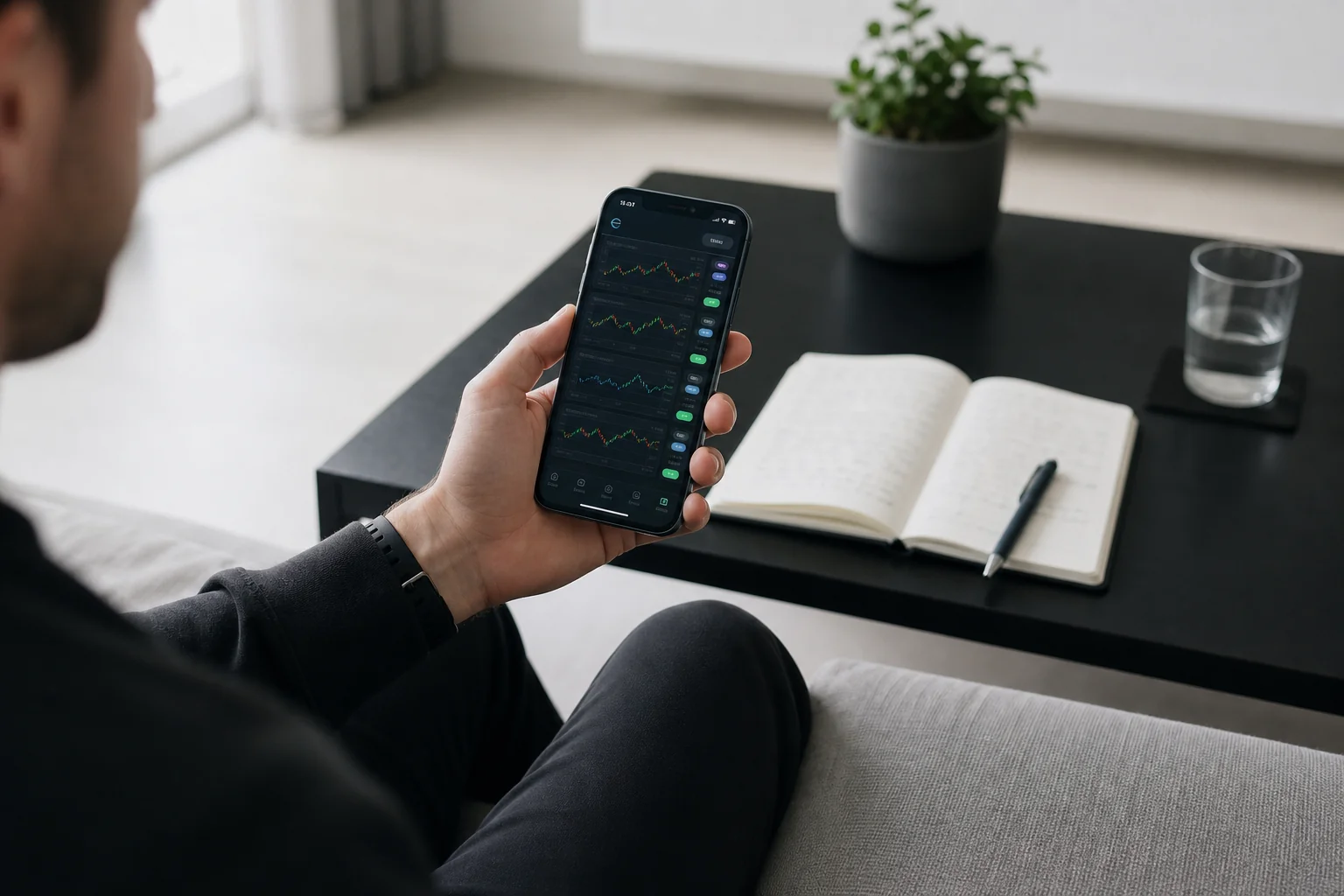 A person doing a quiet Sunday planning session with a phone and notebook, preparing a shortlist of trade setups for the week ahead. Photorealistic photo of a person sitting on a couch on a quiet Sunday afternoon, natural window light