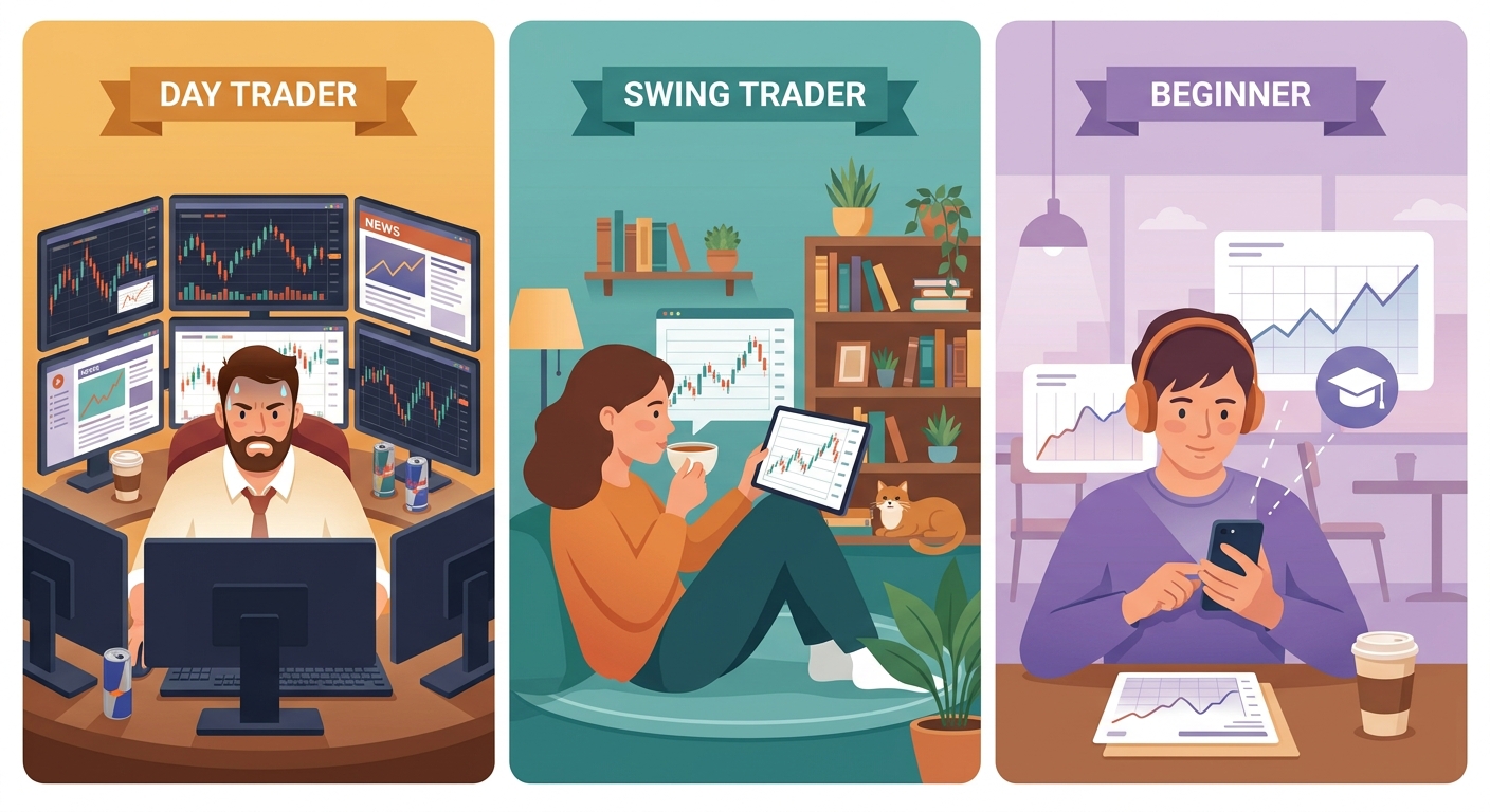 three trader types, day trader, swing trader, and beginner, each matched to the right stock scanner for their workflow