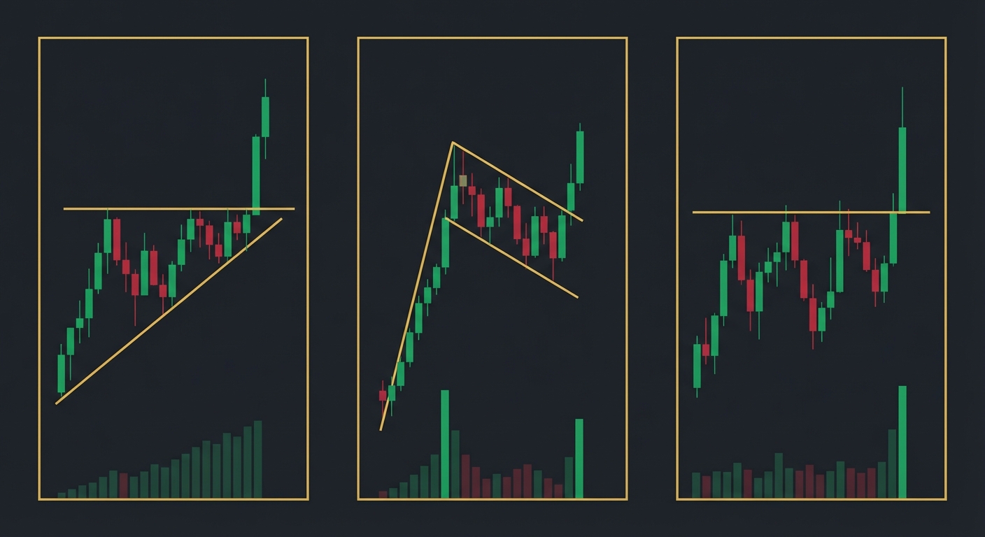 multiple breakout trading patterns including ascending triangle bull flag and horizontal resistance breakout