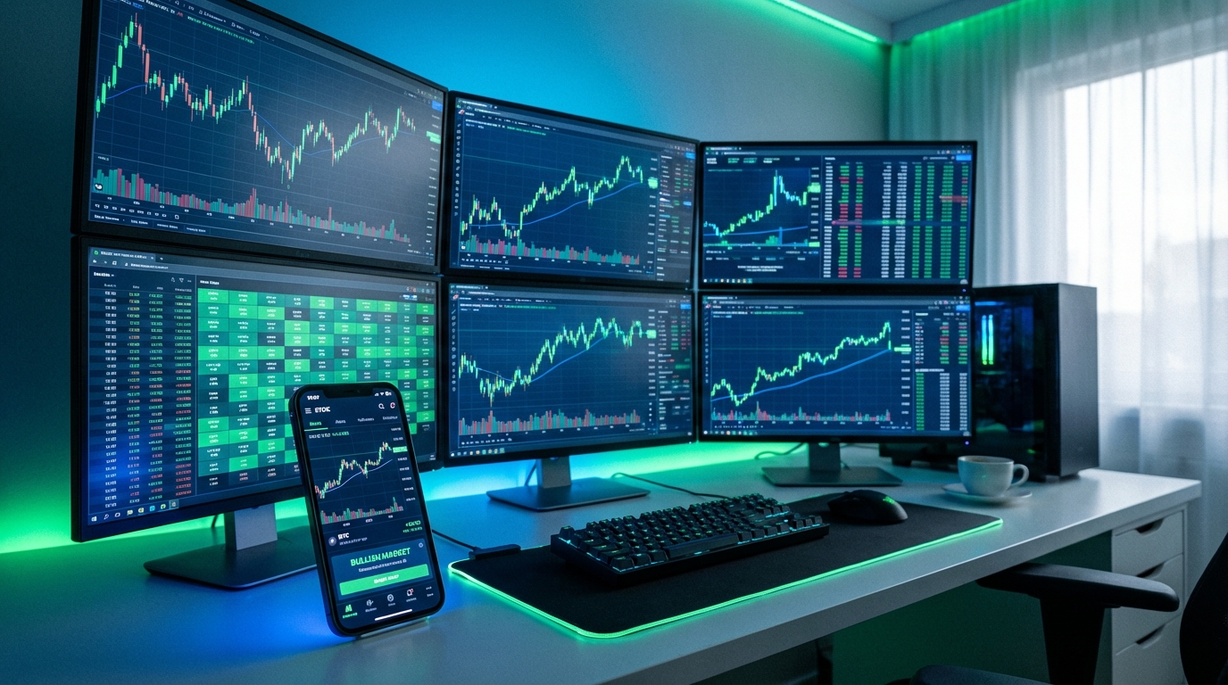 real-time stock scanner setup with multiple trading monitors and mobile device