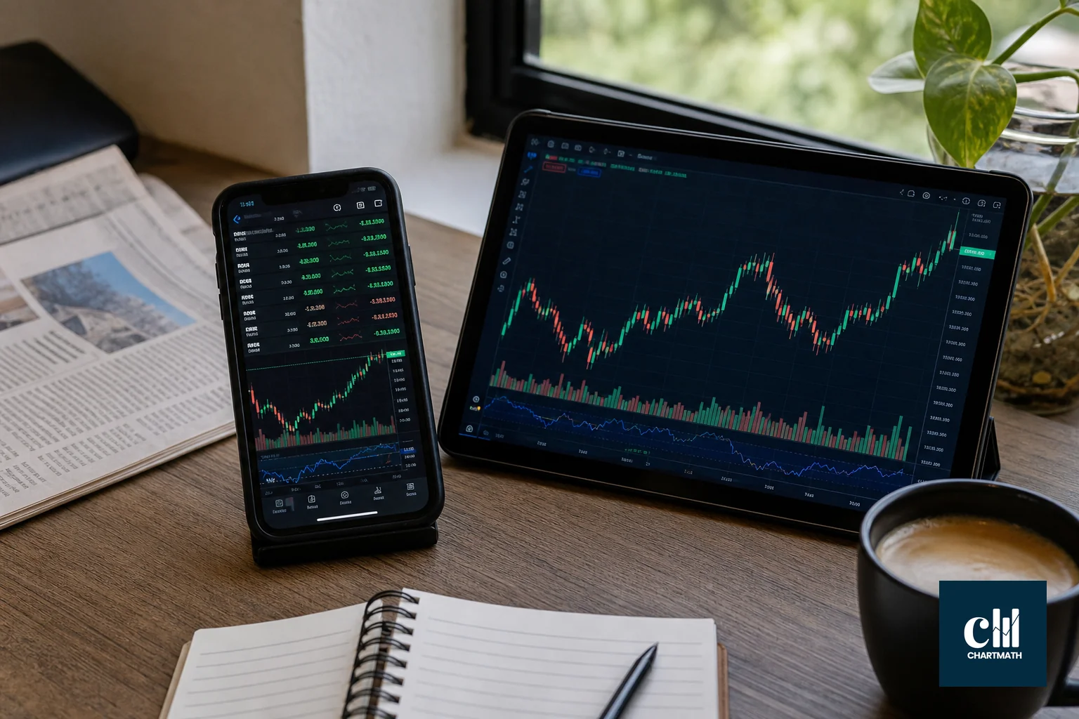 photorealistic: a tabletop scene with a smartphone and a tablet side by side both displaying different stock screening and charting interfaces with green and red candlestick charts, an Indian financial newspaper partially visible at the