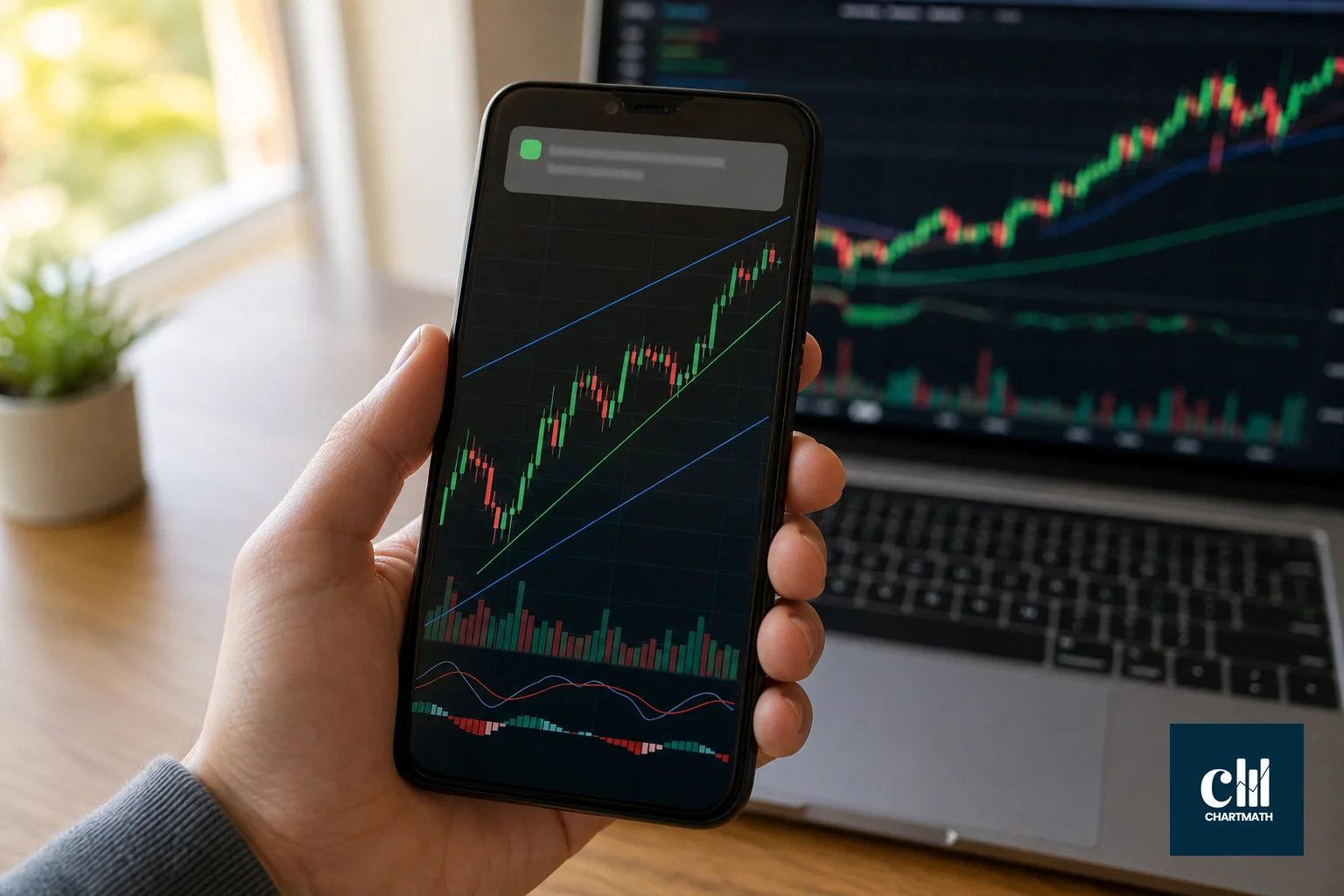 Close-up of a hand holding a phone showing a trading alert notification with chart in background. photorealistic close-up photo of a hand holding a smartphone displaying a stock candlestick chart with green and blue highlighted trend lines