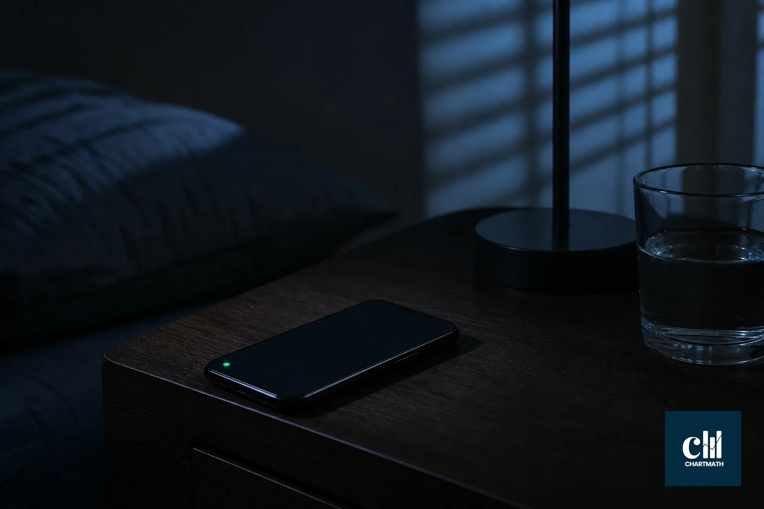 photorealistic photo of a smartphone lying face-up on a dark wooden nightstand at night, screen dimmed showing a soft green notification dot, moonlight coming through a window blind casting soft shadows, minimalist bedroom setting, calm