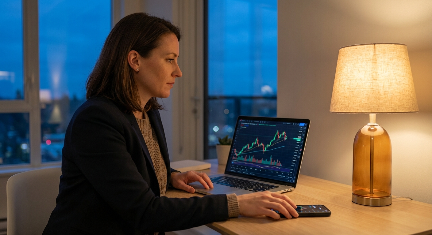 swing trader using trade discovery platform to find end-of-day setups in evening home office