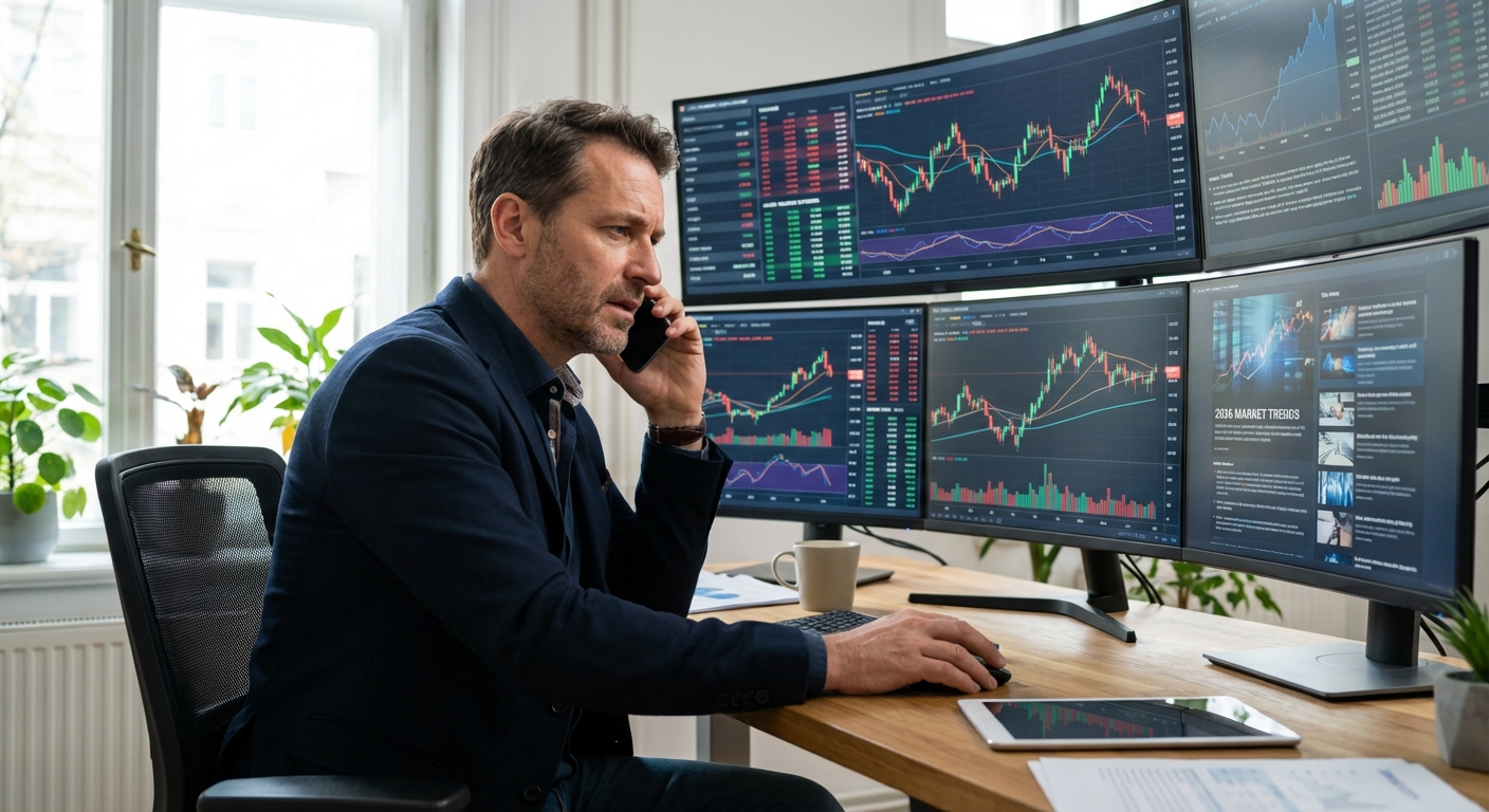 professional trader using trade discovery tools with multiple monitors displaying technical setups