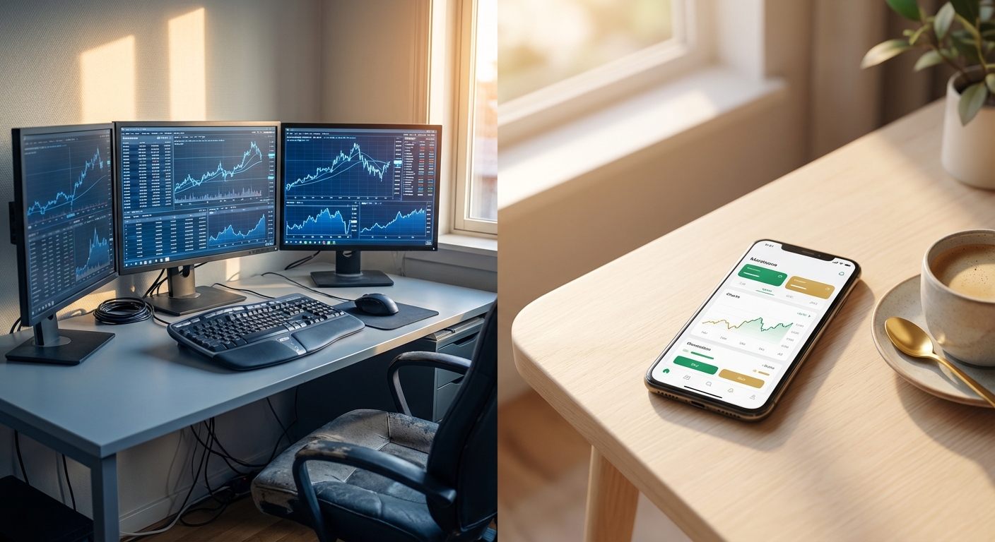 side-by-side comparison of desktop and mobile trading platform setups