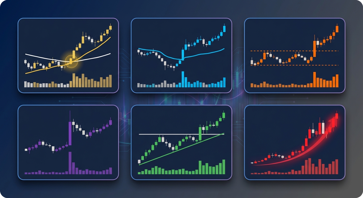 multiple technical trading patterns including golden cross, VWAP, ORB, and momentum indicators displayed in grid layout