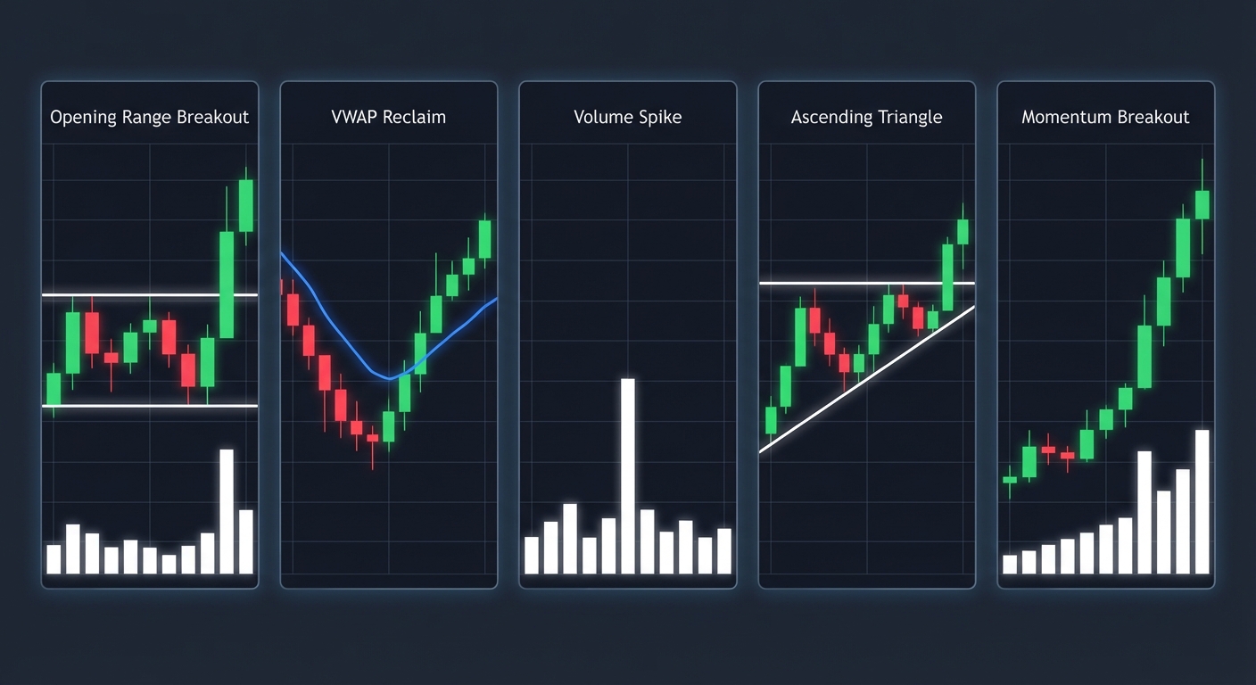 various technical trading setups including ORB, VWAP, and momentum breakout patterns on stock charts