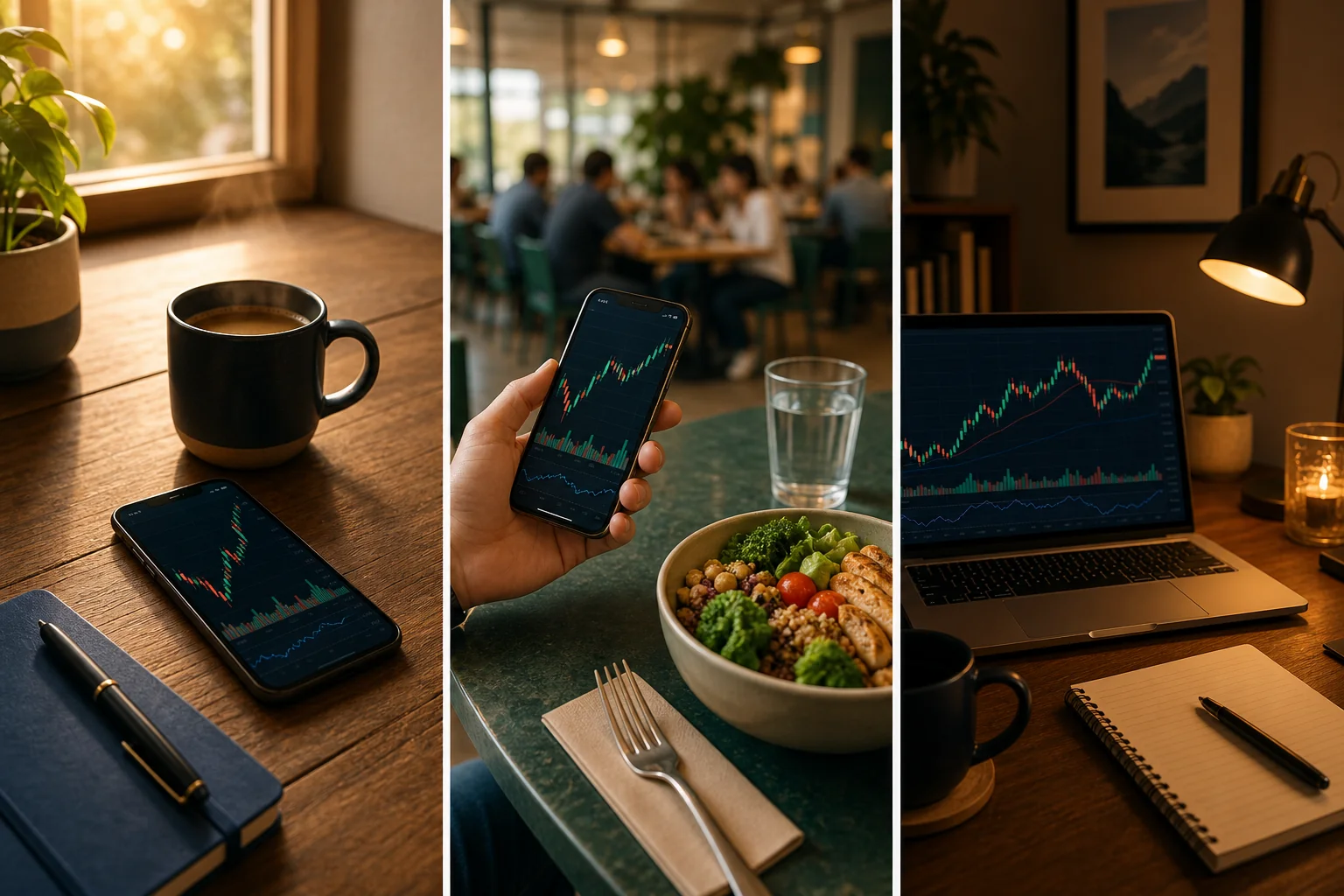 A swing trader's daily routine showing morning premarket check, midday alert review, and evening chart analysis