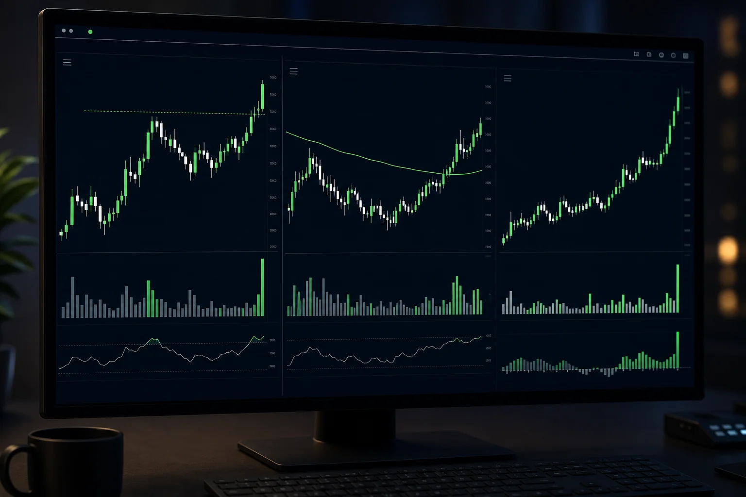 Dark trading dashboard showing three breakout chart patterns including VWAP reclaim, RVOL spike, and 52-week high breakout