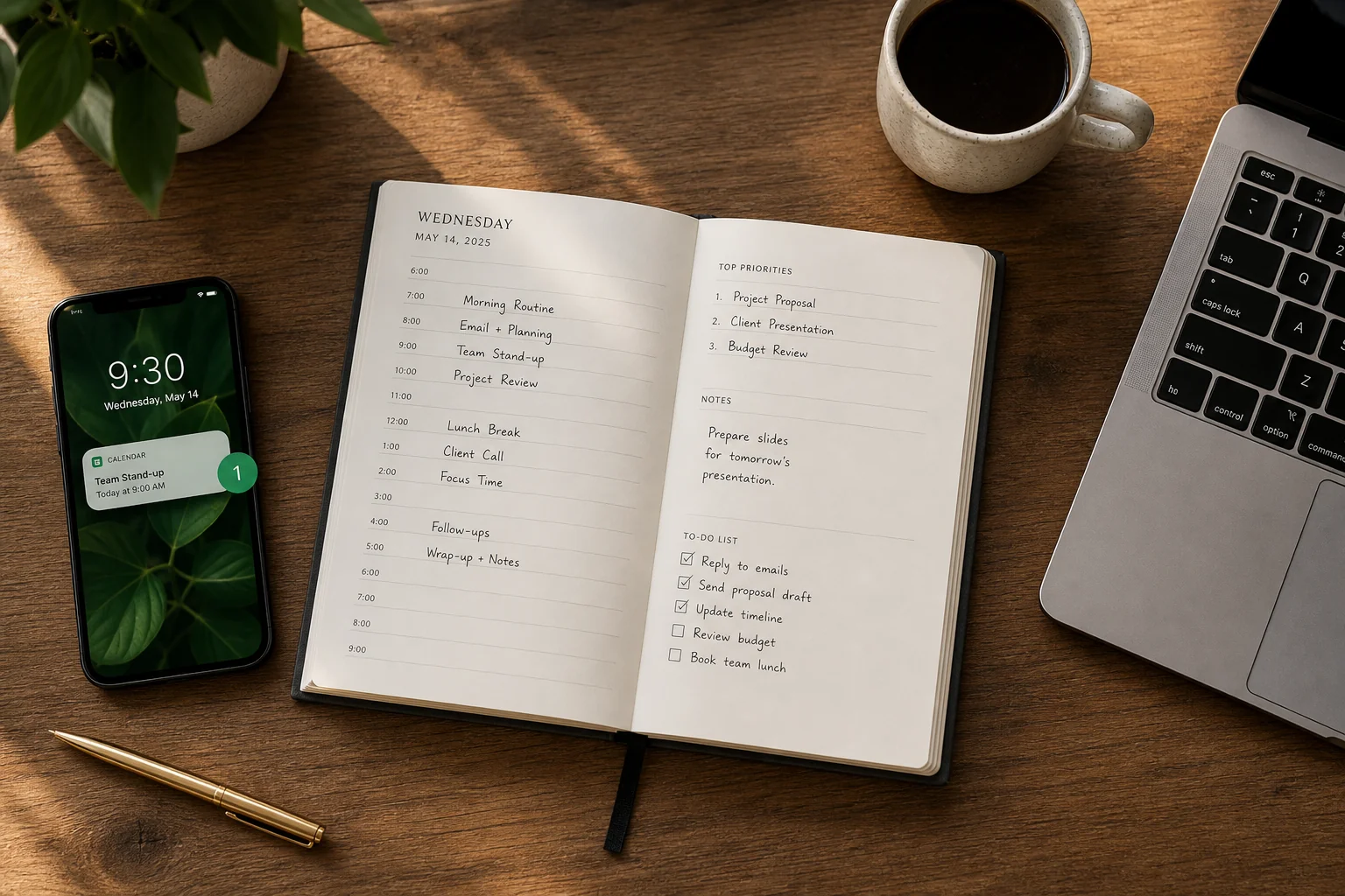Organized desk with planner, smartphone showing a green trading notification, and coffee cup representing a busy professional's trading routine