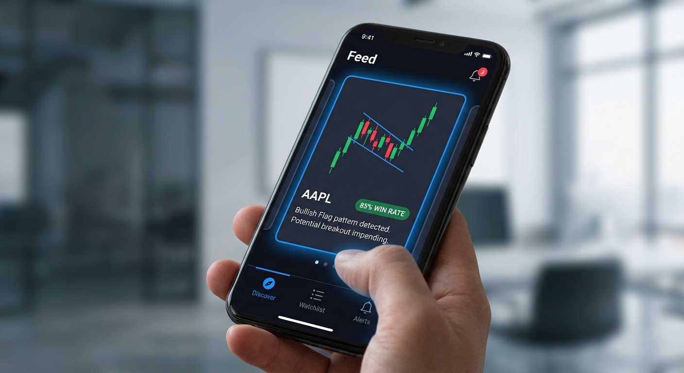 mobile trading app interface showing real-time chart pattern scanner with swipe-based discovery feed