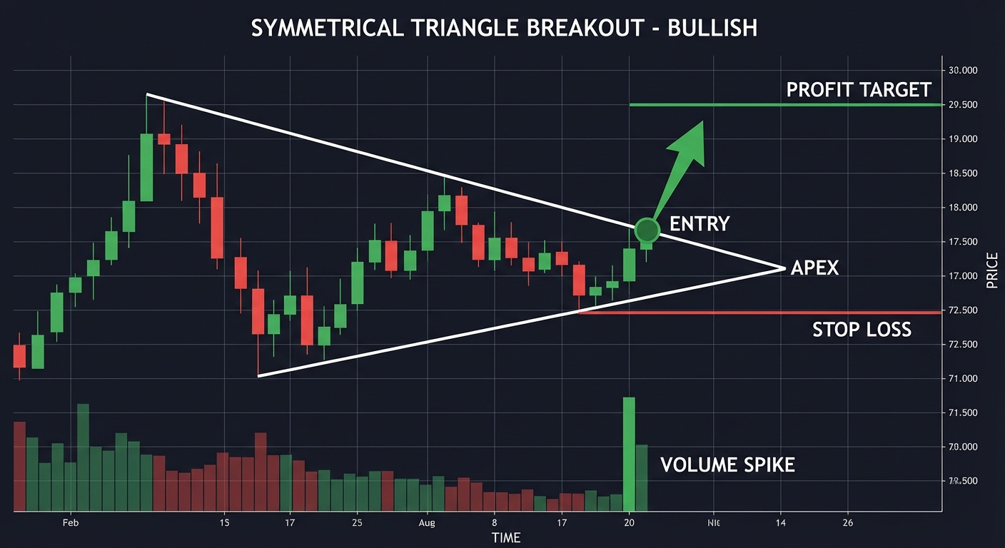 symmetrical triangle chart pattern with entry points and stop loss levels marked on candlestick chart