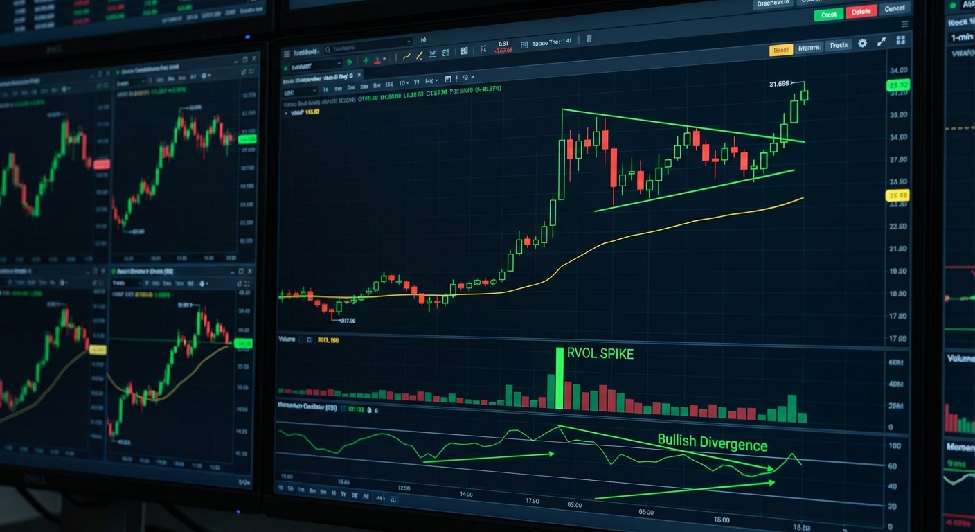 trading chart showing chart patterns combined with VWAP, RVOL, and momentum indicators