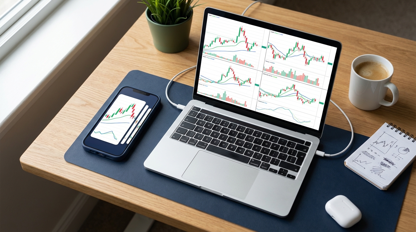 trading workspace showing mobile stock screening app and desktop charting platform with technical indicators