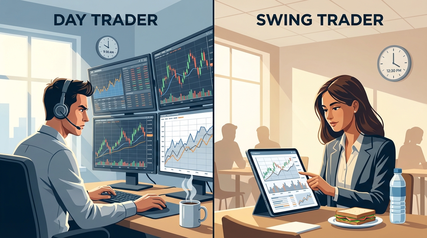 lifestyle comparison of day trader and swing trader daily routines and work environments