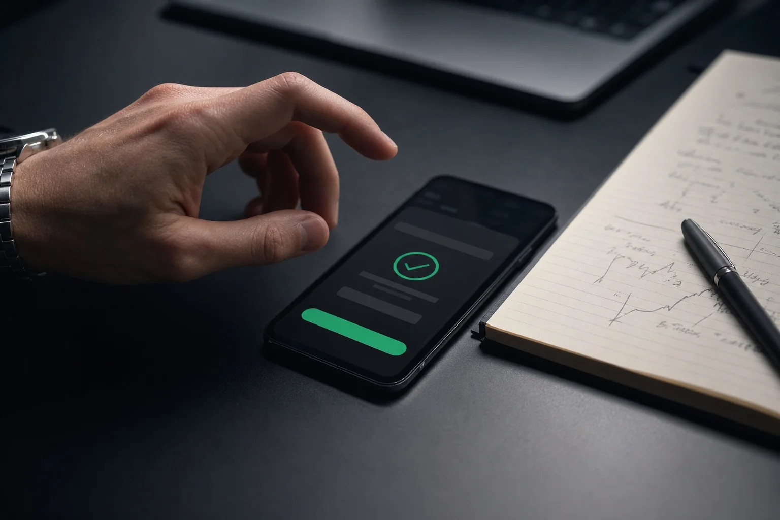 Photorealistic photo of a trader's hand hovering over a smartphone screen showing a brokerage-style order confirmation screen, positioned on a clean black desk beside a notebook with handwritten trading rules and a pen, soft directional