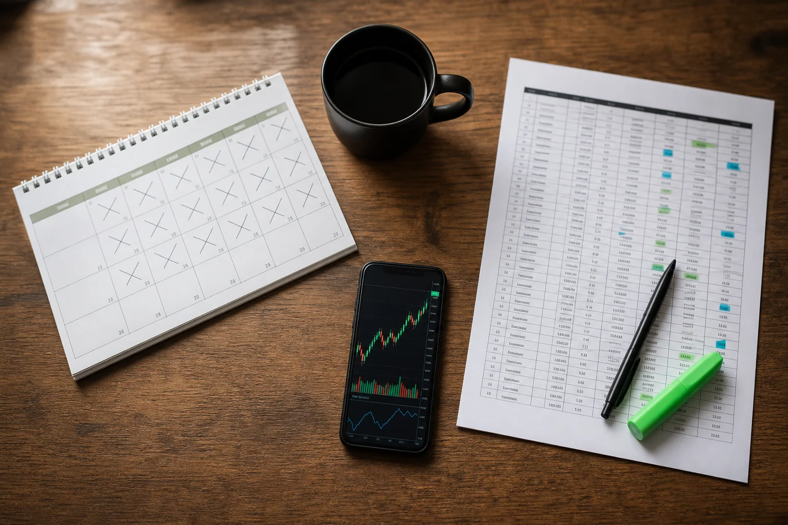 Photorealistic photo of a wooden desk from directly above, showing a physical desk calendar with days crossed off on the left side and a printed trading journal spreadsheet with rows of trade entries on the right side, a black coffee mug