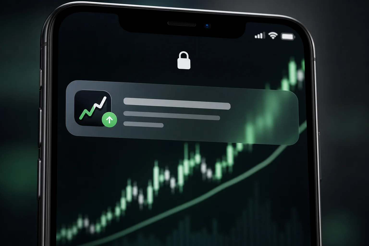 iPhone lock screen showing a structured stock alert push notification from a trading app