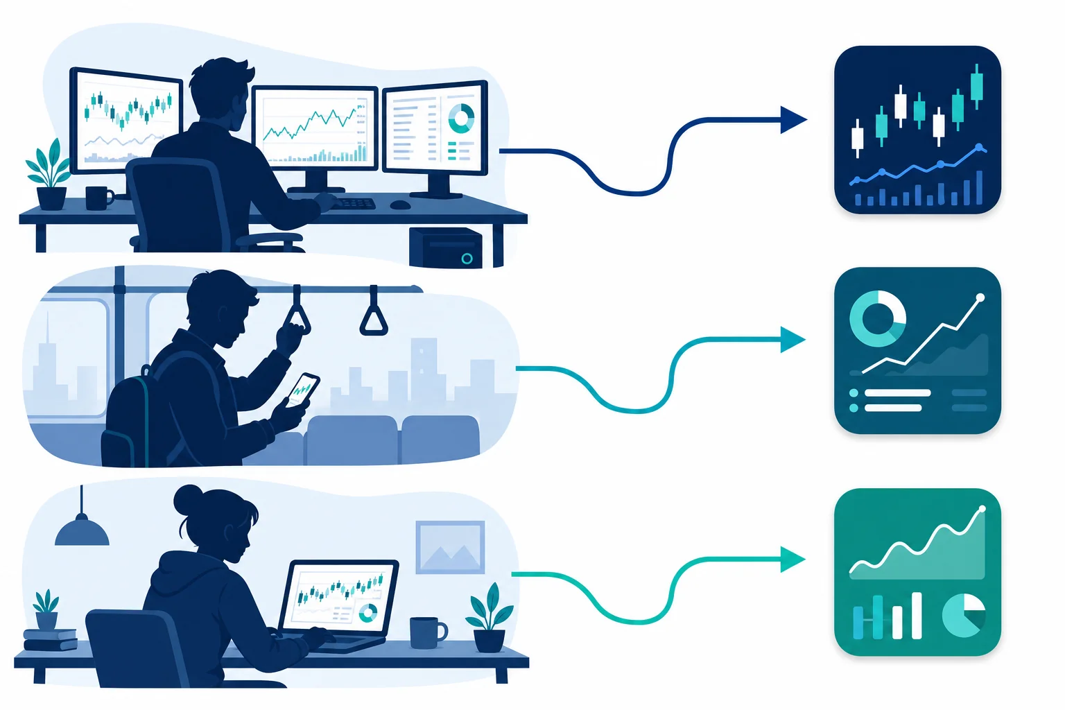 Decision framework illustration showing different trader types choosing between mobile trading alert apps