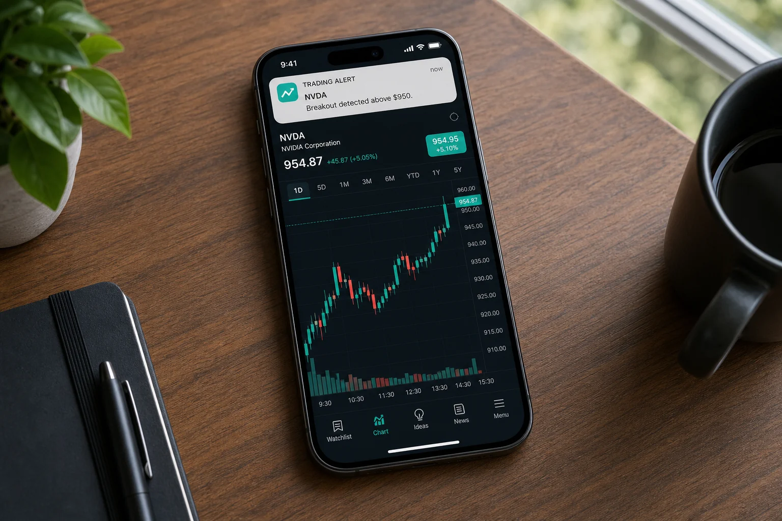 Mobile phone showing a push notification alert for a stock breakout setup from a trading scanner app
