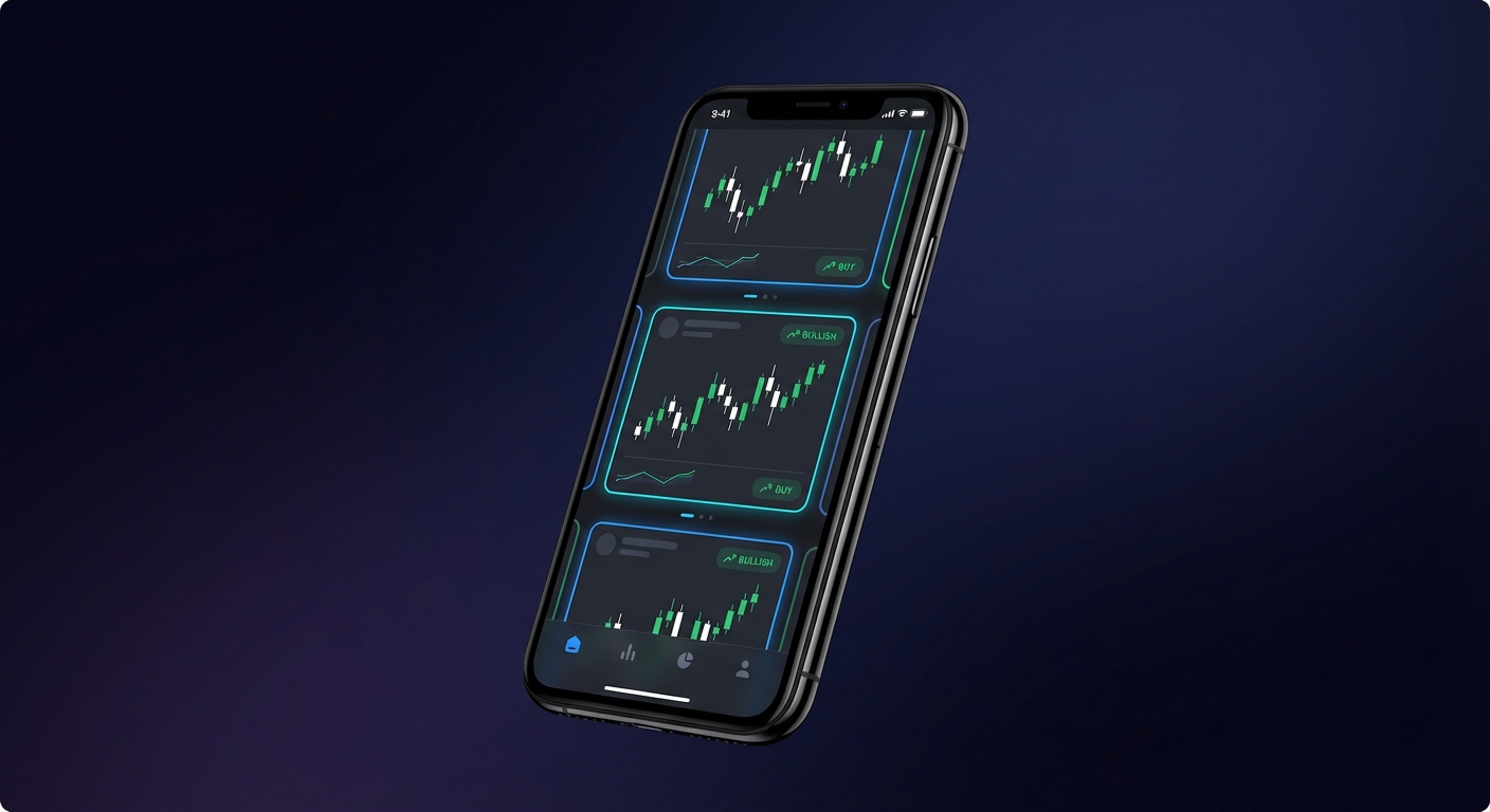 mobile stock market app interface showing swipeable trading setups and technical analysis