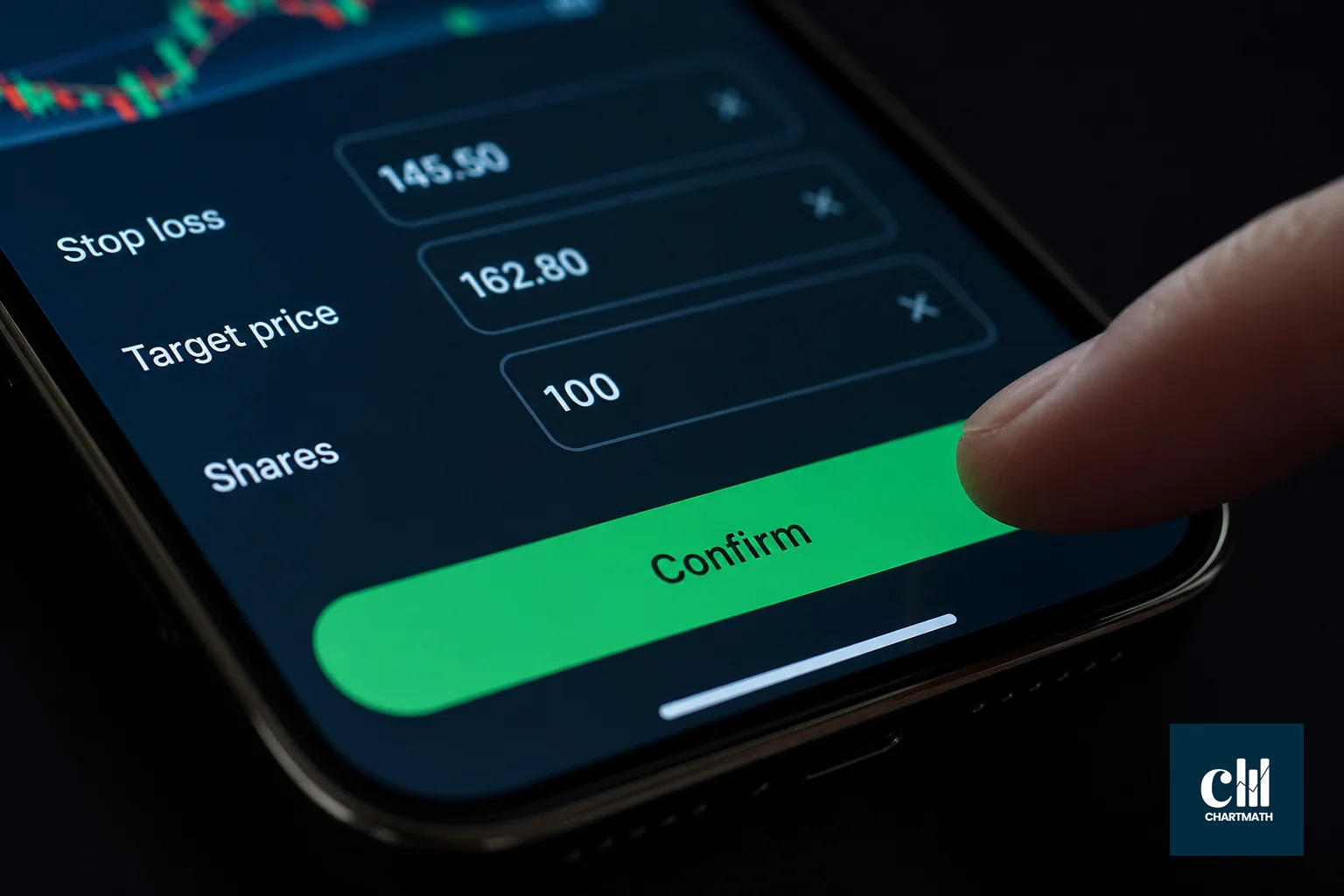 Close up of a mobile order ticket with stop target and size fields already filled. photorealistic: extreme close-up of a smartphone screen showing a trading order confirmation form with stop loss, target price and share quantity fields