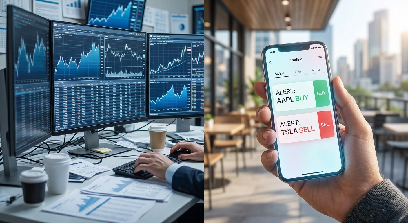 comparison of desktop trading setup versus mobile market scanner app interface