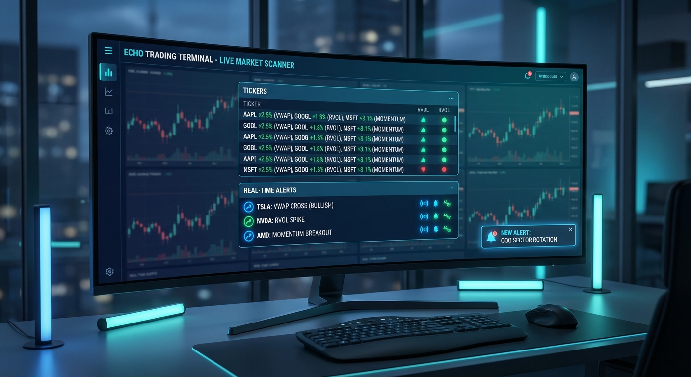 market scanners dashboard displaying real-time stock alerts and technical setups
