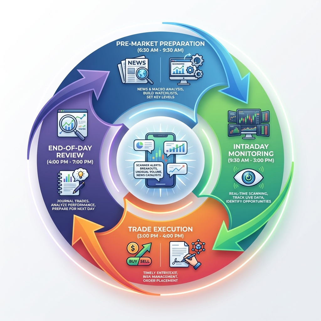 daily workflow diagram showing trader routine with market scanners from pre-market to end-of-day