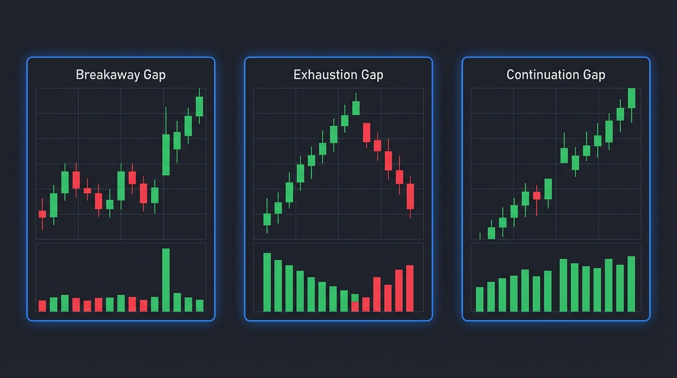 comparison of breakaway exhaustion and continuation stock gaps on trading charts