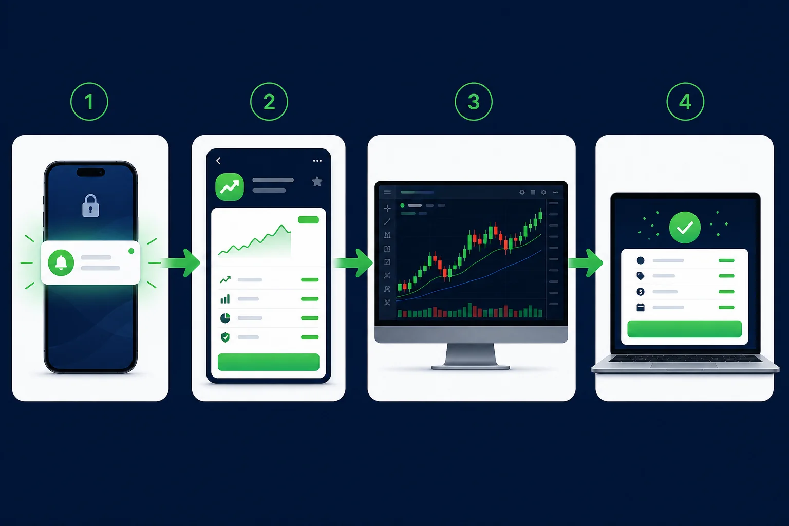 Four-step workflow showing mobile push alert, reviewing a setup card, confirming on a TradingView chart, and executing in a brokerage