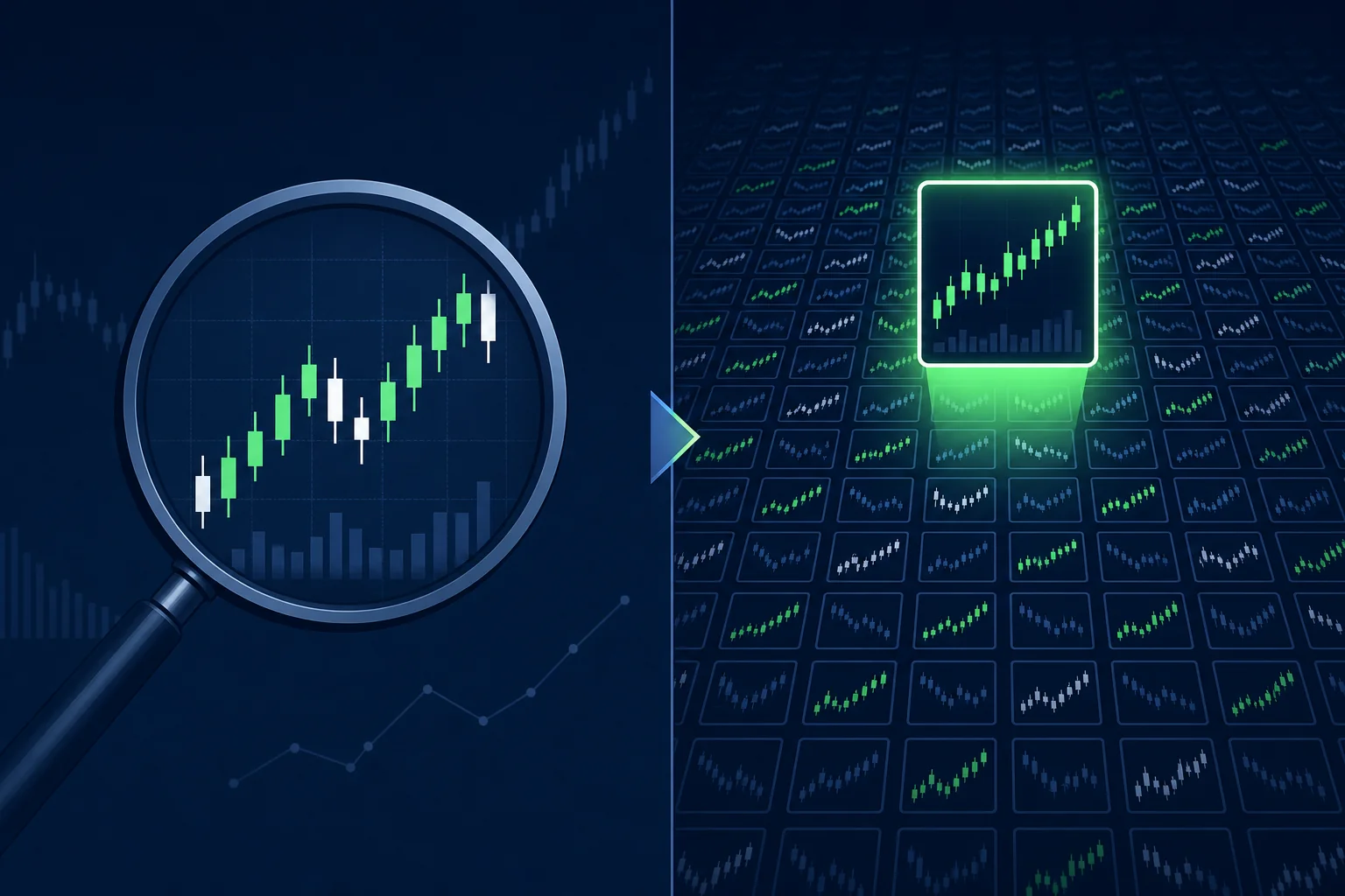 Conceptual illustration showing the gap between stock chart analysis and proactive trade discovery across a broad market universe