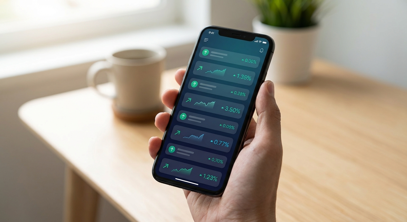 mobile trading app showing premarket scanner with stock opportunities in swipeable interface