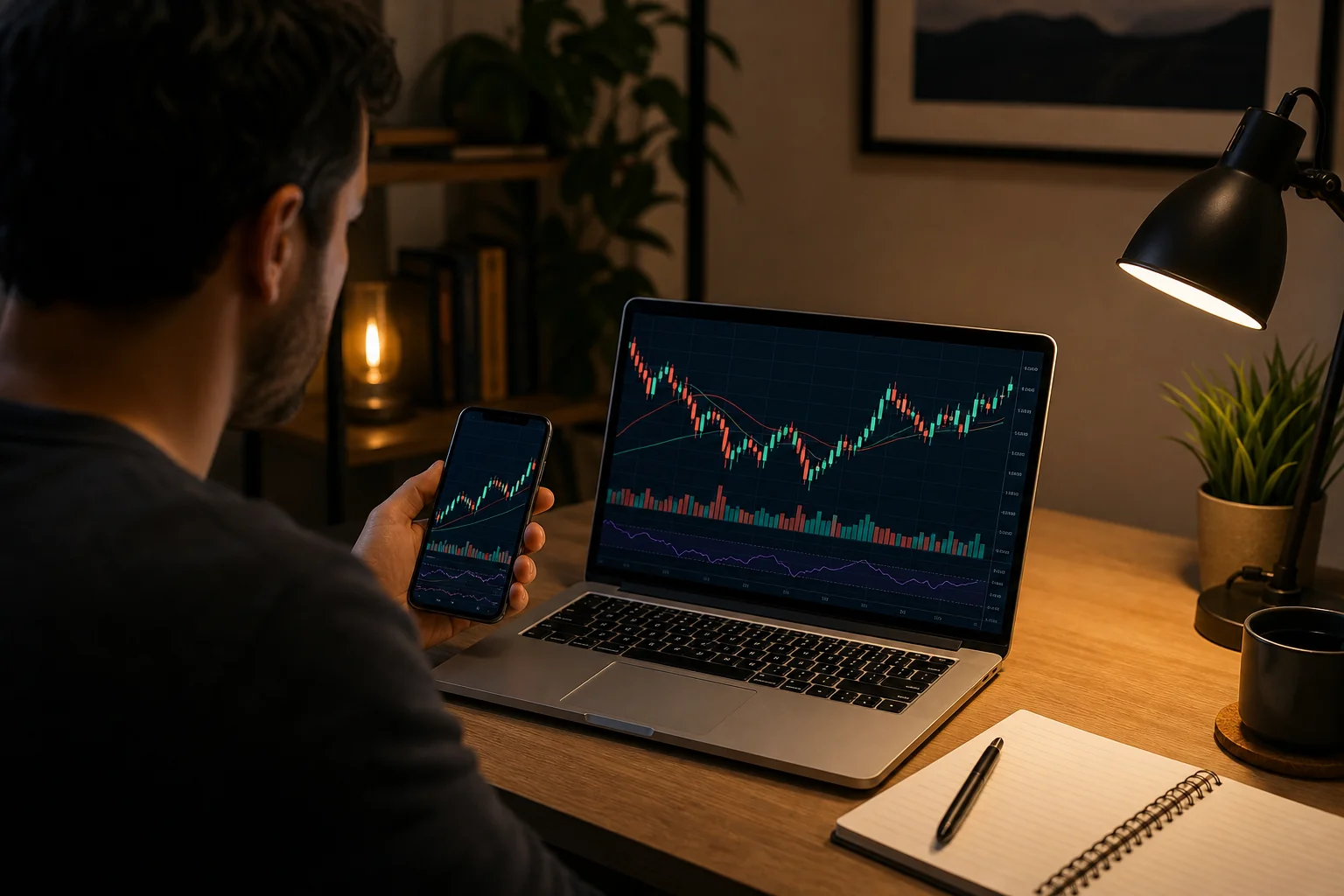 Trader reviewing a candlestick stock chart on a laptop in the evening while cross-referencing a mobile alert on their phone