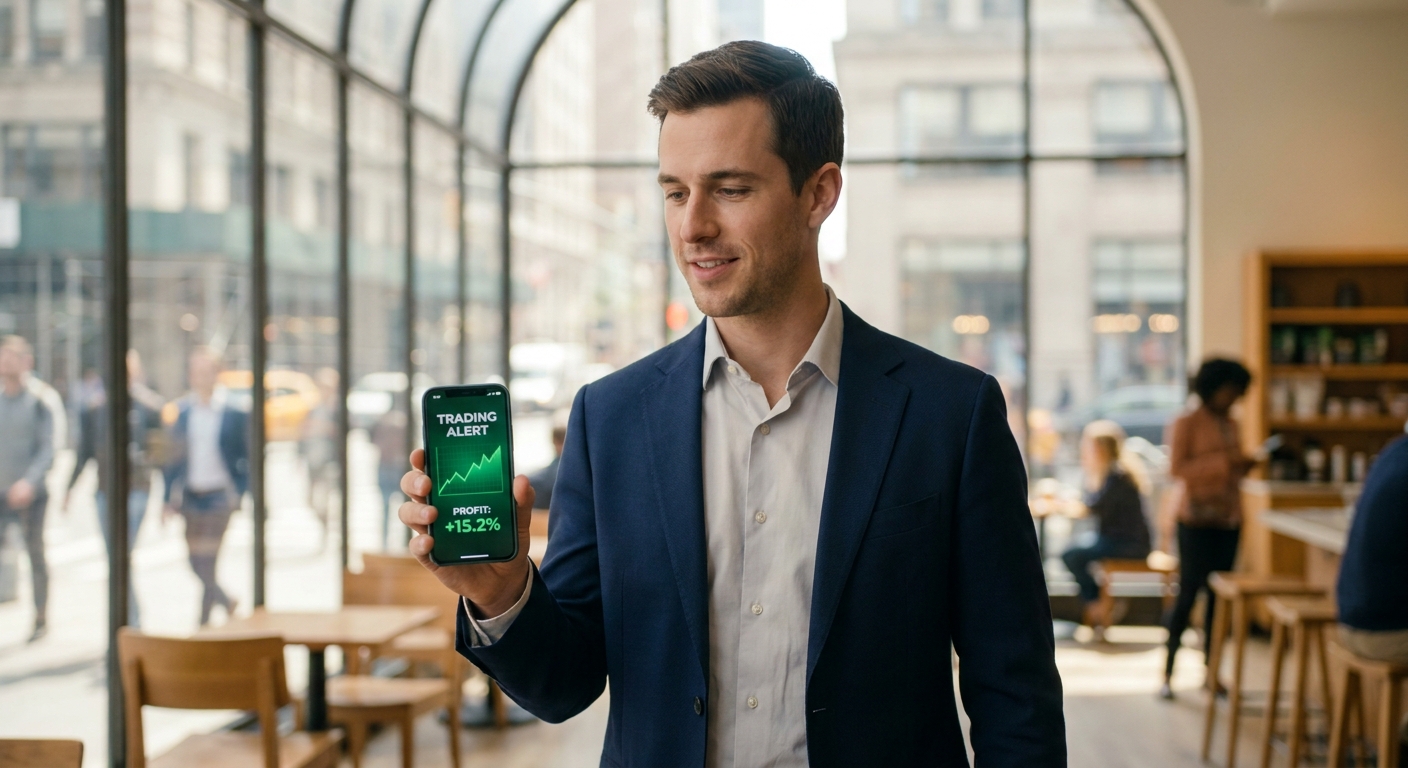 Trader using ChartMath mobile app, the best TradingView alternative for on-the-go trade discovery