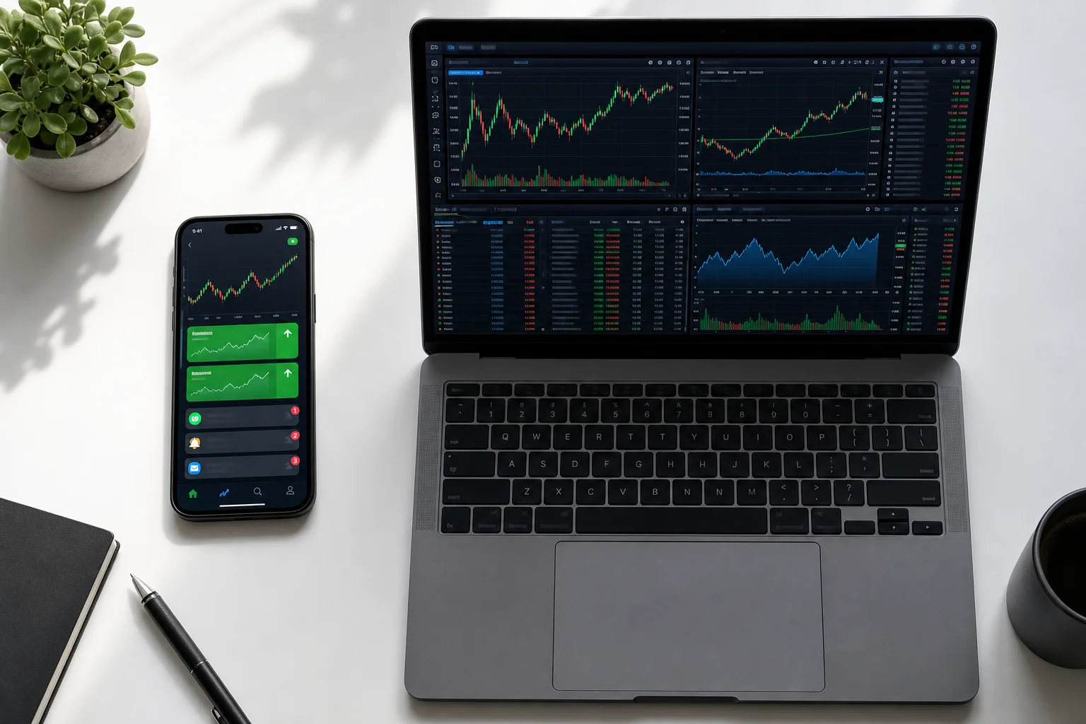 Side-by-side comparison of mobile stock scanner app versus desktop trading platform interface