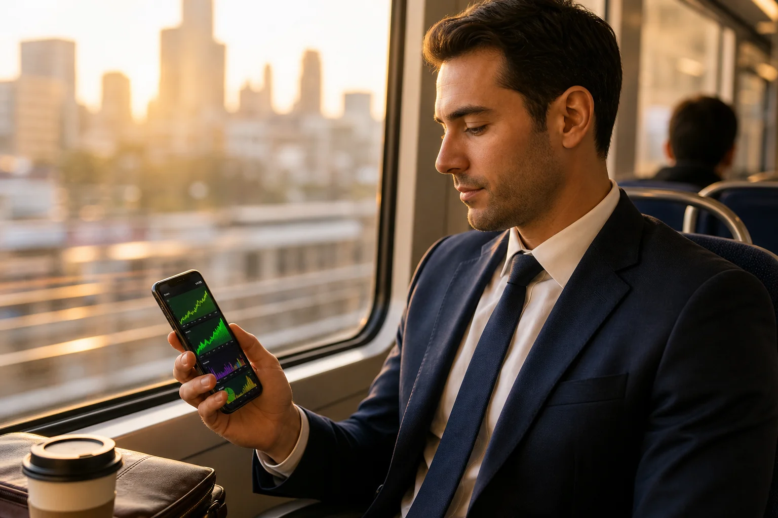 Trader reviewing morning stock scanner alerts on smartphone during early morning commute before market open