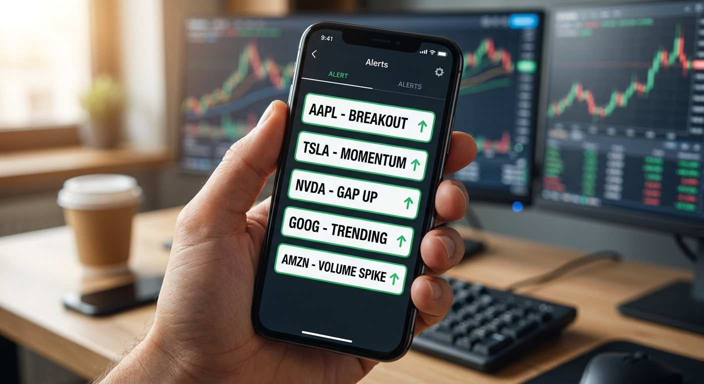 ChartMath push alerts on smartphone showing intelligent trading alerts with setup explanations for trading workflow