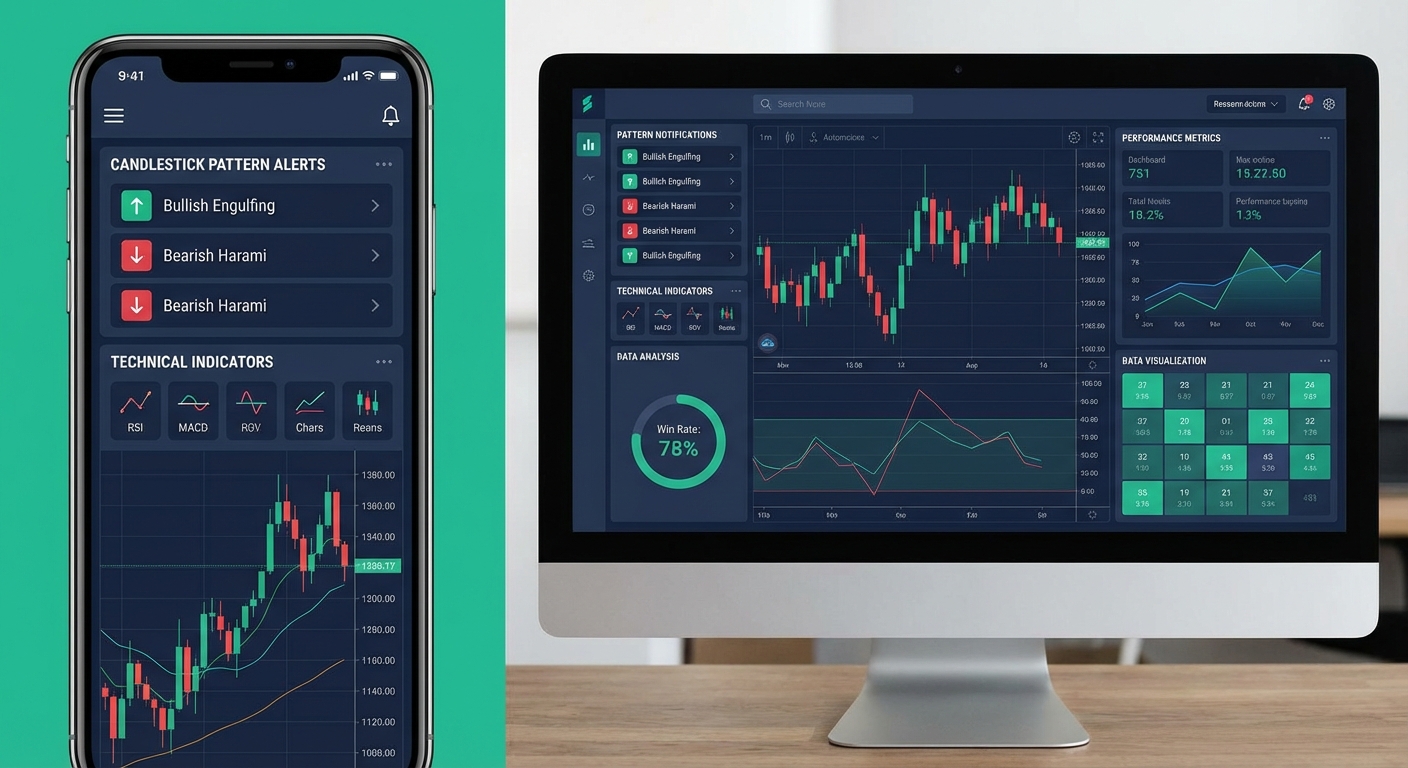 Modern candlestick pattern screener interface showing real-time alerts, multi-timeframe analysis, and backtested performance metrics