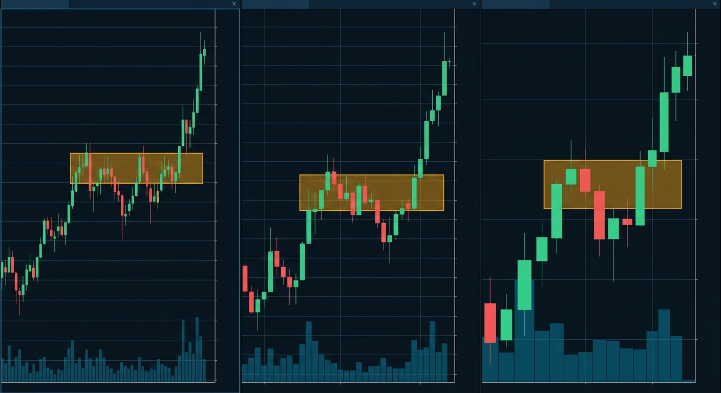 Three timeframe ORB trading charts showing 1-minute 5-minute and 15-minute opening range zones side by side