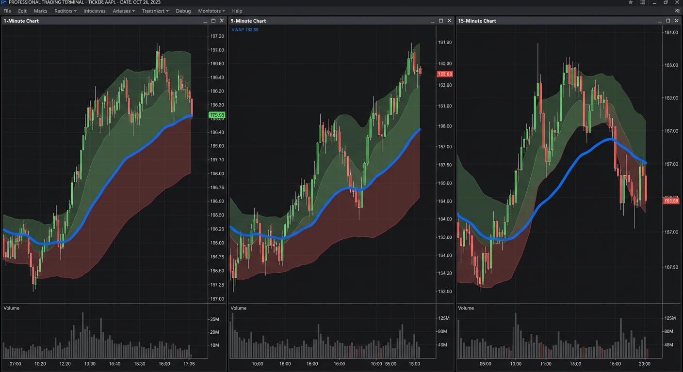 Stock chart with VWAP indicator showing multiple timeframes for day trading