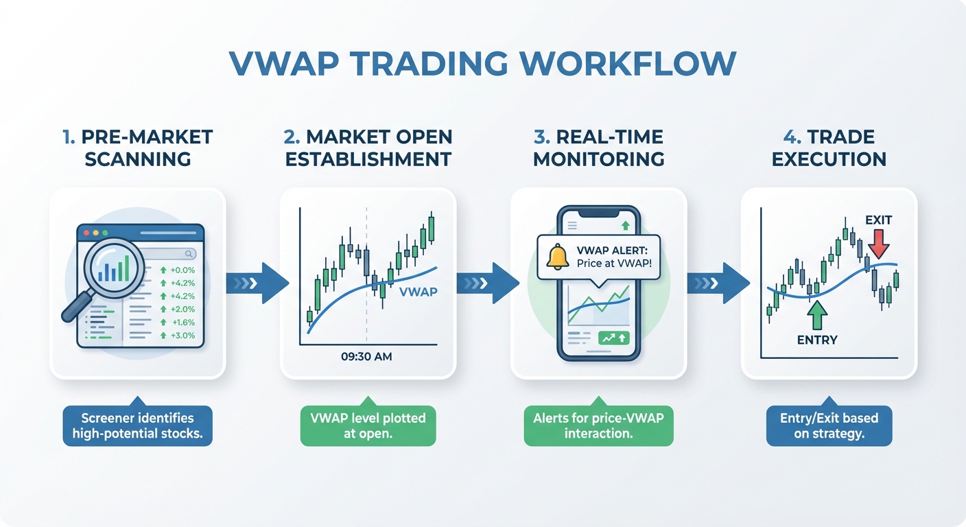 VWAP trading workflow diagram from pre-market scanning to trade execution