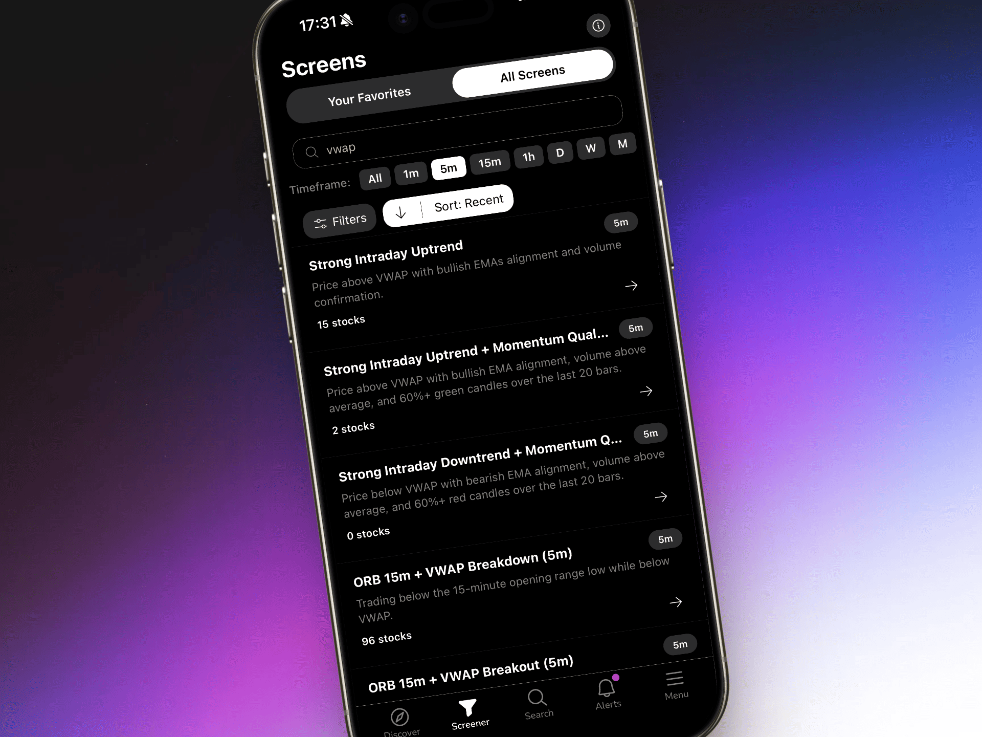 Mobile trading app showing automated VWAP trading alerts and scanning results
