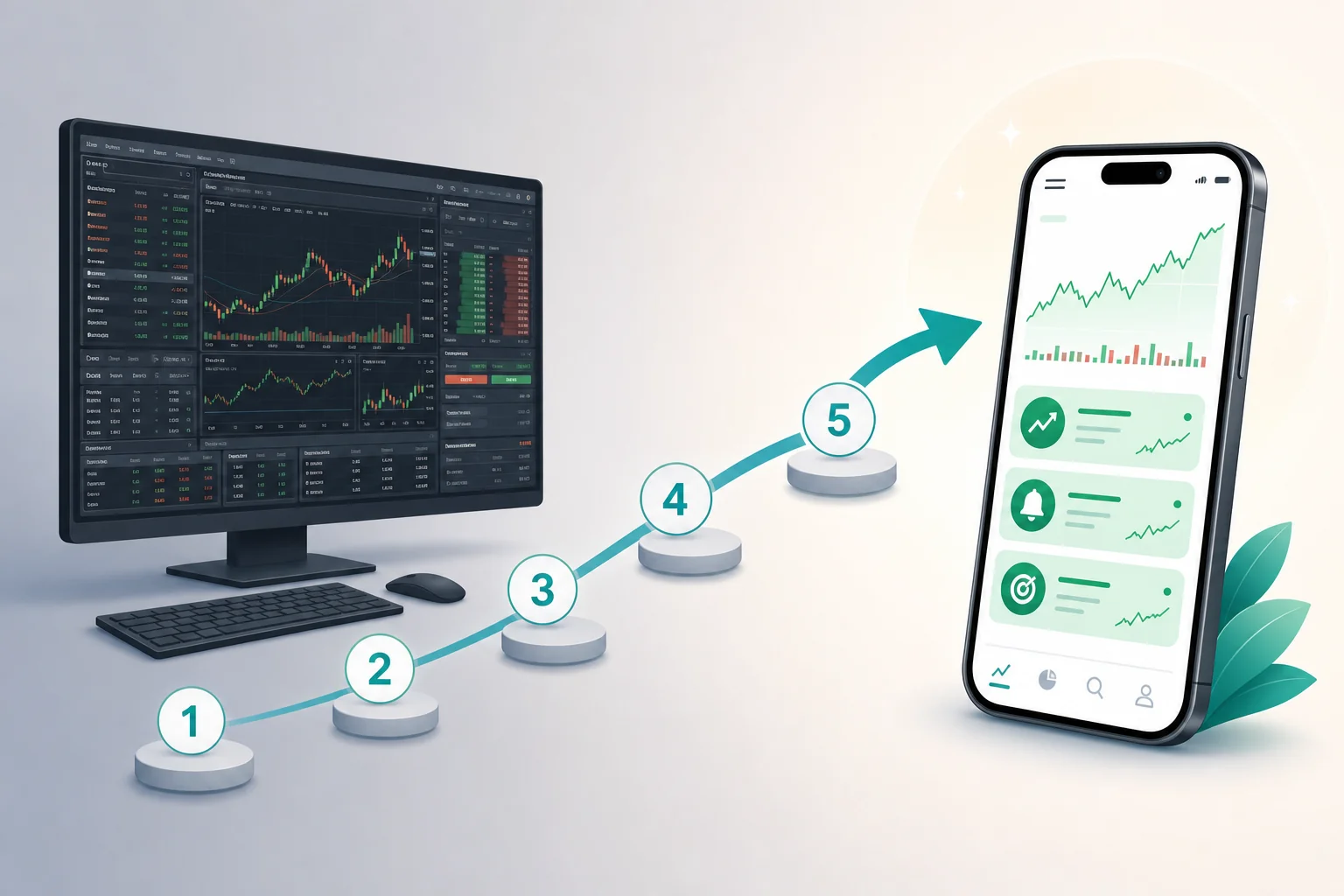 Step-by-step transition from complex desktop trading platform to streamlined mobile-first stock scanner